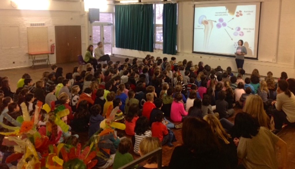 Margot's Auntie Nadia talks at a primary school about donation.
