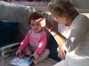 Margot chats to Grandma Annette as she receives an IV infusion of antibiotics this morning
