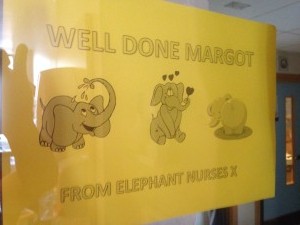 On hearing the news, some nurses came down from Elephant Ward (where Margot spent a good deal of time) and pinned this to our window in Robin ward