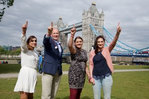 'The Power of One' photographic exhibition features three people who signed up because of Margot's campaign & then went on to actually donate their stem cells and bone marrow (l to r): Rajbinder Kullar, Katrina Krishnan Doyle, Rosalyn Mafi pictured here with Dr Phil Ancliff, Margot's consultant and Head of Haematology at Great Ormond Street Hospital
